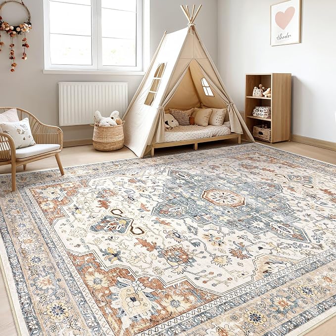 10x14 Area Rugs Living Room: Washable Boho Large Neutral Vintage Soft Rug Stain Resistant Distressed Farmhouse Non-Slip Indoor Floor Carpet for Bedroom Nursery Kids Office Dining Room- Beige Blue