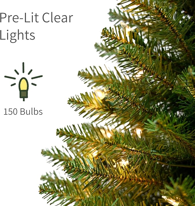 Puleo International 4.5ft Pre-Lit Fraser Fir Pencil Christmas Tree with 150 Clear Lights, 401 Realistic Dense Branch Tips, Easy Setup Artificial Trees with Sturdy Metal Stand