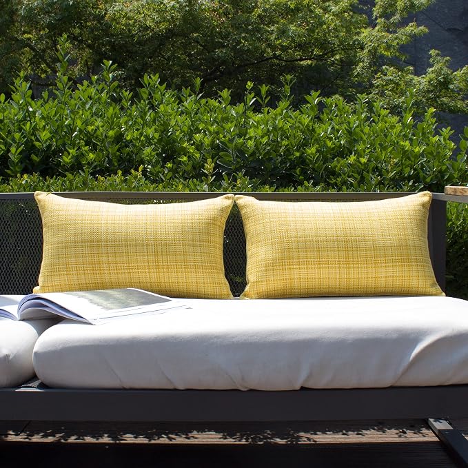 Kevin Textile Outdoor Waterproof Throw Pillow Covers 14x24 Inch Pack of 2 Woven Faux Linen Farmhouse Decorative Water Resistant Lumbar Cushion Covers for Tent Patio Garden Couch Sofa Yellow