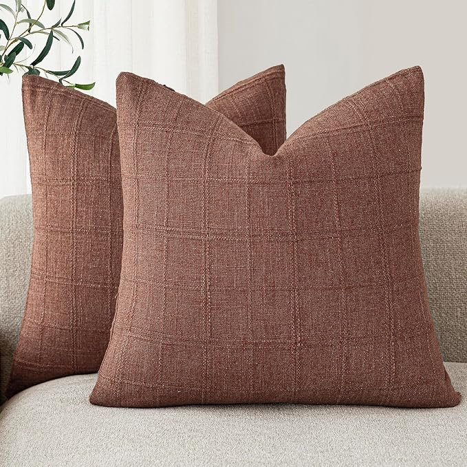 Foindtower Set of 2 Decorative Linen Check Throw Pillow Covers Neutral Farmhouse Vintage Cushion Covers Modern Boho Home Decor for Sofa Chair Couch Bedroom Living Room,20×20 Inch,Autumnal Red