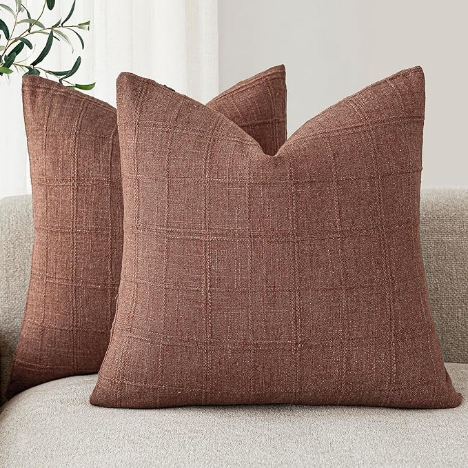 Foindtower Set of 2 Decorative Linen Check Throw Pillow Covers Neutral Farmhouse Vintage Cushion Covers Modern Boho Home Decor for Sofa Chair Couch Bedroom Living Room,22×22 Inch,Autumnal Red