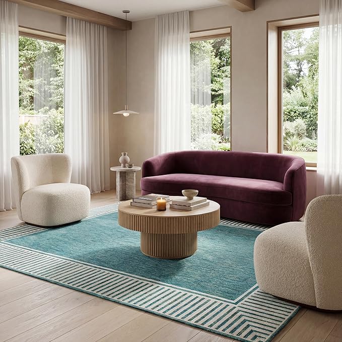 Nuloom Asha Teal/Ivory, 8' x 10', Casual, Striped Border, Soft and Cozy, High Traffic, Easy Clean, Durable Area Rug for Indoor/Outdoor Patio, Deck, Porch, Garden, Courtyard