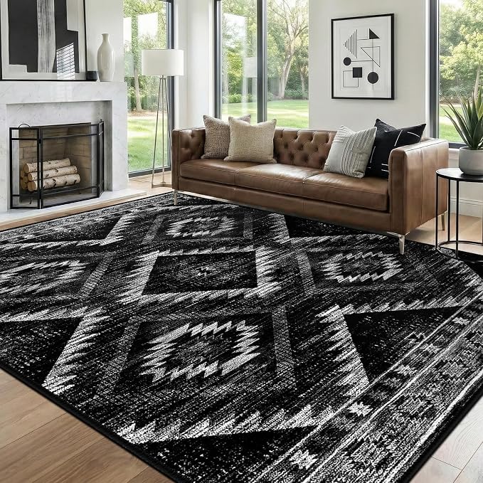 BESTSWEETIE Area Rug 6x9 Rug Machine Washable Non-Slip Low Pile Print Pattern Western Rug for Living Room Bedroom Entryway Tribal Series -Black