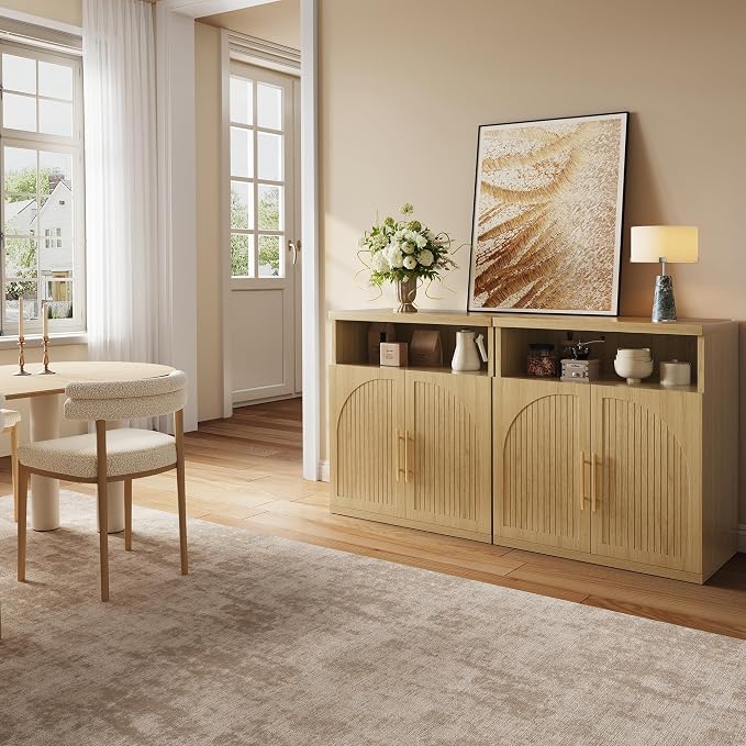 Fluted Buffet Cabinet with Storage, 31.5" Wide Wood Sideboard Credenza with Open Storage Shelf & Adjustable Shelves, Modern Kitchen Entryway Accent Table for Dining Room Living Room Hallway, Oak