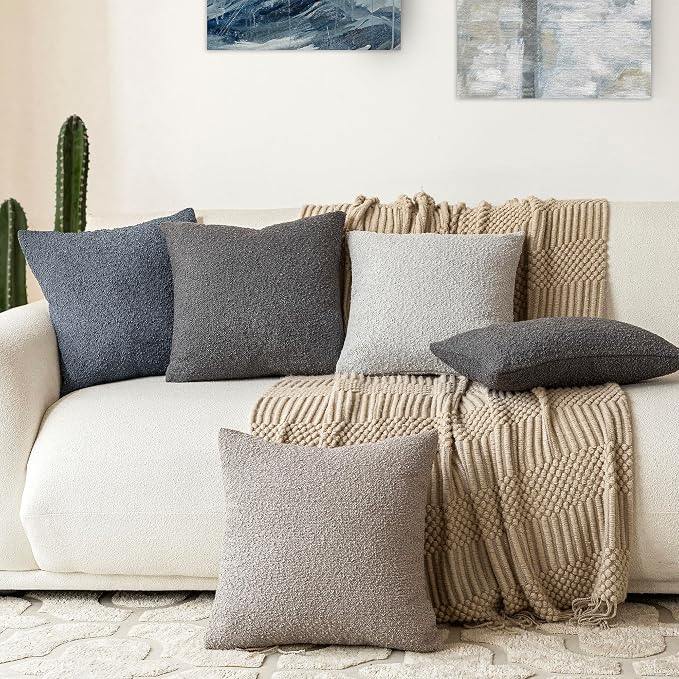 Foindtower Pack of 2 Textured Boucle Throw Pillow Covers Accent Solid Decorative Pillow Cases Cozy Woven Couch Cushion Case for Sofa Bedroom Living Room Home Decor, 18 x 18 Inch,Dark Grey
