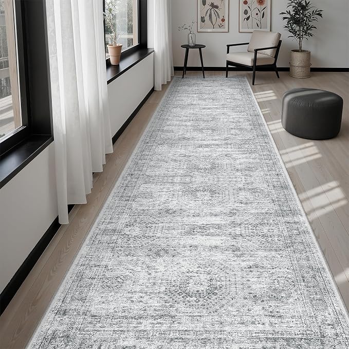 Soalmost Runner Rug 3x12 Washable Non-Slip Hallway Runner Rugs for Kitchen Bathroom Laundry Room Grey Vintage Floor Carpet Runners for Hallways Entryway