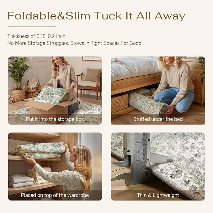 5x7 Washable Neutral Area Rug Green Vintage Living Room Bedroom Carpet Non-Slip Soft Low Pile Farmhouse Indoor Throw Rug for Dining Room Entryway Office