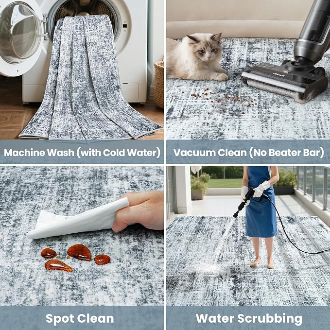 8x10 Area Rugs Washable Rug:Anti-Skid Abstract Modern Living Room Rug Soft Thin Carpets Indoor Floor Non-Shedding Carpet for Bedroom Dining Farmhouse Nursery Home Office(Black/Grey/White, 8x10)