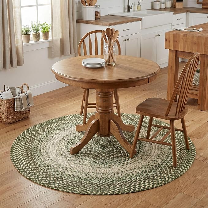 Super Area Rugs Braided Rugs Round 4ft Farmhouse Kitchen Rug - Ridgewood Braided Rug for Dining Room Table - Reversible - Indoor/Outdoor - Made in USA - Forest Green/Beige, 4' Round