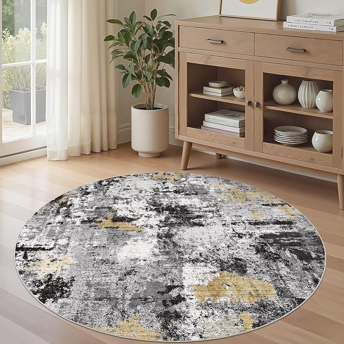 Abstract 8FT Round Rug: Machine Washable Non Slip Ultra Thin Low-Pile Carpet, Soft Stain Resistant for Living Dining Room Bedroom, Kid Pet Friendly, Robot Vacuum Compatible - Black Gold