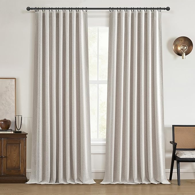 QJmydeco 107 Inch Long Insulated Backout Curtains, 9ft Floor Length Elegant Curtain for Living Room Thick Soundproof/Block Out/Draps for Bedroom Windows (W50 xL107 2Panels Natural Tan Linen)