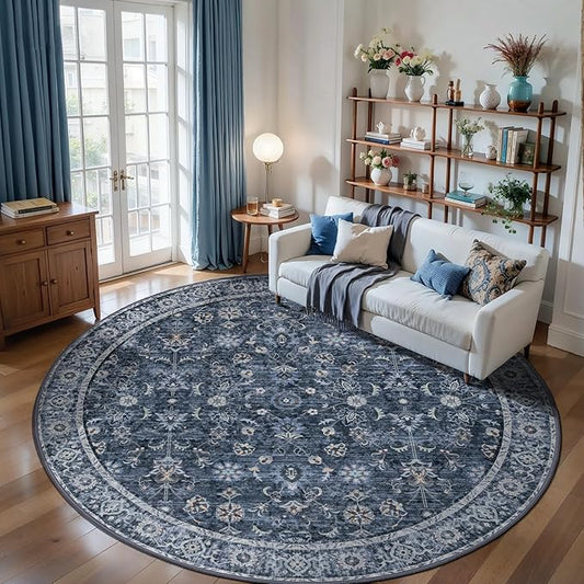 Tangsoo Vintage Round Rug 8ft Washable Circle Rug,Non Slip Boho Navy Blue Large Round Area Rug,Low Pile Floral Circular Rugs, Machine Washable Round Carpet for Bedroom Living room Bedsides,Dorm Office
