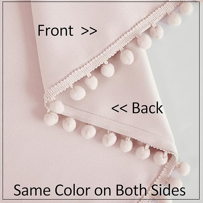 Treatmentex Pom Pom Curtains for Bedroom Pink Girls Room Blackout Window Drapes 63" Energy Efficient Thermal Insulated Living Room Darkening Curtain Panels 2pcs