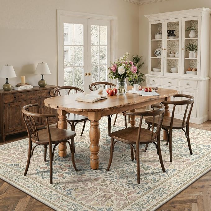 GENIMO 6x9 Washable Living Room Area Rug, Non Slip, Beige Pink | Vintage Boho Floral Low Pile Thin Carpet for Bedroom, Dining Room, Nursery, Indoor Decor