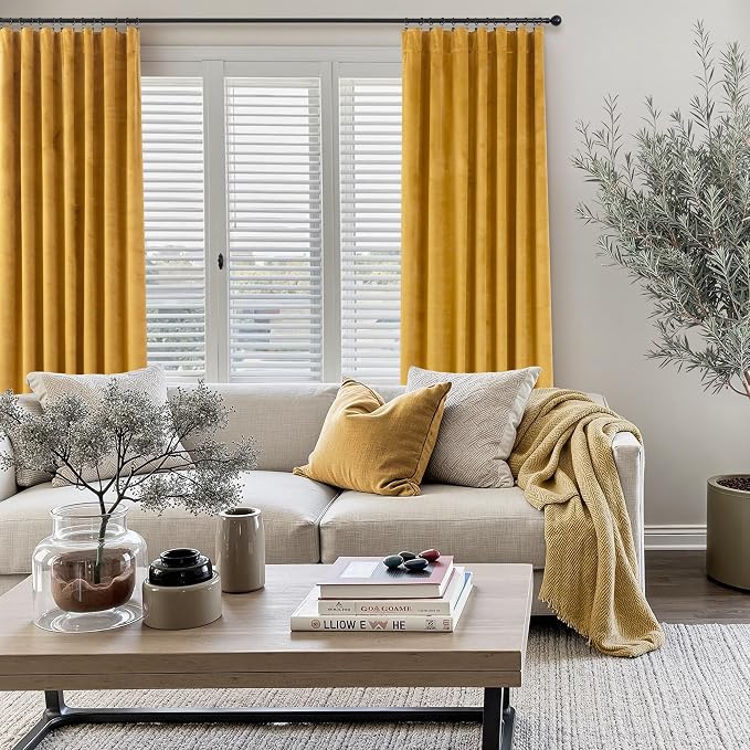 Mustard Yellow Gold Curtains Velvet Drapes 108 Inch Extra Long Ceiling to Floor Curtain for Patio Sliding Door Window French Country Doorway Hallway Cabin Mid Century Modern Boho Western Decor 2 Panel