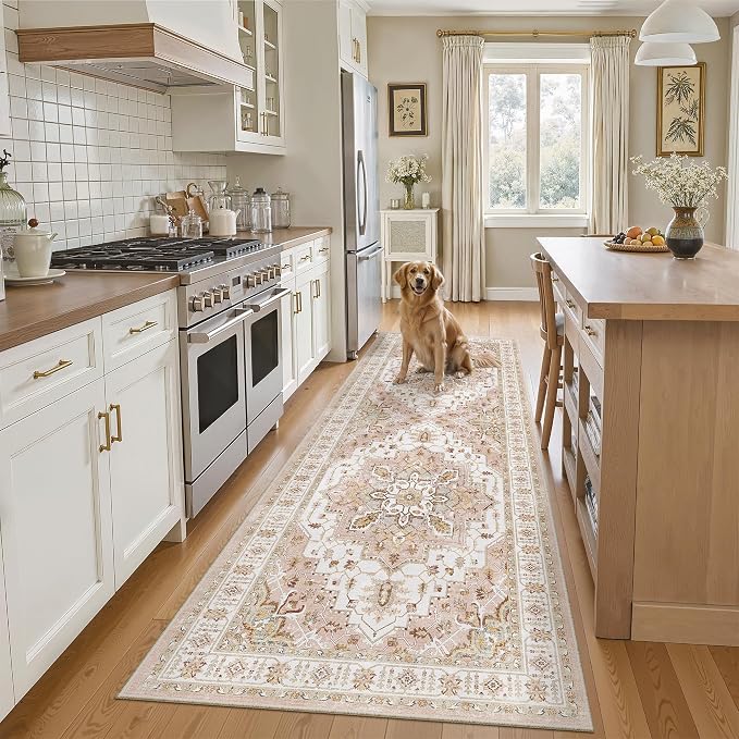 Madane Kitchen Runner 2'6''x8' Soft Rug Runners for Hallways, Pink | Vintage Machine Washable Rugs 2.5x8 Ft, Non-Slip Low Pile Stain-Resistant 8ft Floor Carpet for Laundry Room Corridor