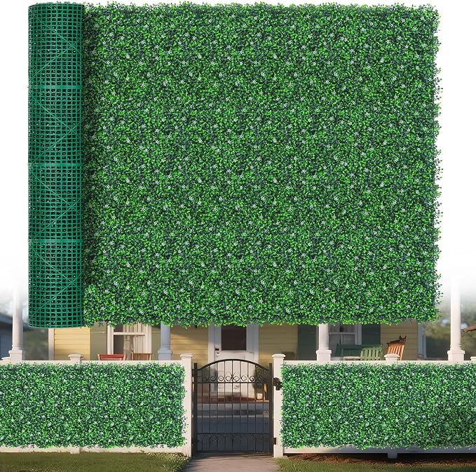Yangrass Boxwood Roll Panels with Flowers, 71"x126" (62 sqft) Artificial Ivy Privacy Fence Screen, UV-Anti Faux Boxwood Roll Grass Wall Panels for Patio Garden Balcony Decor