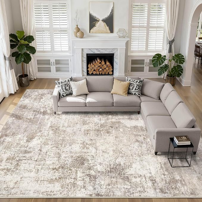 10x14 Area Rugs Living Room: Washable Large Abstract Soft Rug Stain Resistant Indoor Floor Non-Slip Accent Carpet for Women Modern Home Enthusiasts Aged 25-45 - Bedroom Nursery Playroom- Beige Brown
