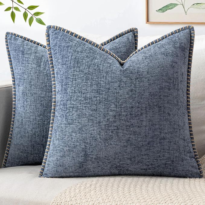 MIULEE Pack of 2 Couch Throw Pillow Covers 16x16 Inch Dark Grey Blue Farmhouse Decorative Pillow Covers with Stitched Edge Soft Chenille Solid Dyed Pillow Covers for Sofa Bed Living Room