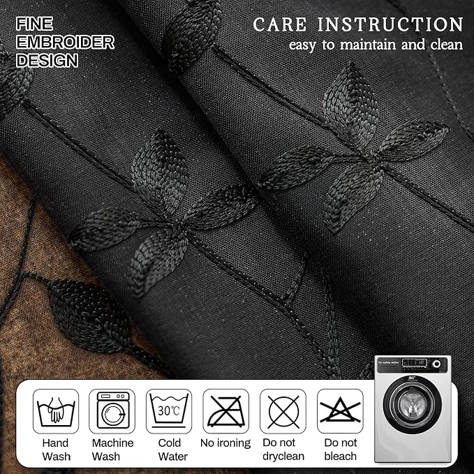 AmHoo 2 Panels Embroidered Leaf Pattern Semi Sheer Curtains Foliage Floral Voile Window Draperies Treatment for Bedroom Living Room Rod Pocket Black 53 x 84 Inch
