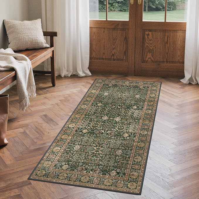 Bavni 2'6''x5 Rug Runners for Hallways, Washable Runner Rug Non Slip,Vintage Floral Print Style Rugs for Bedroom-Lightweight Low Pile Carpet for Hallways Bathroom, Green/Multi