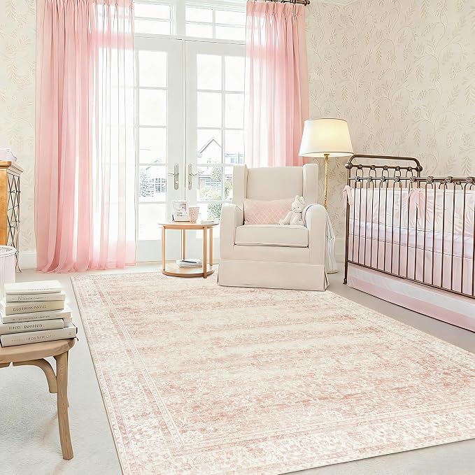 Pink Area Rug for Living Room Low Pile Soft 8 x 10 Carpet with Non Slip Washable Neutral Boho Floral Rugs for Hardwood Floor Protector Extra Large Area Rugs 8x10 for Big Nursery Bedroom Livingroom
