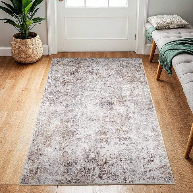 Washable 3x4 Entryway Area Rug - Small Kitchen Rugs with Non-Slip Rubber Backing Soft Low-Pile Thin Carpet Modern Abstract Neutral Door mat for Hallway Bedroom Living Room Bathroom (Brick Gray,3x4)