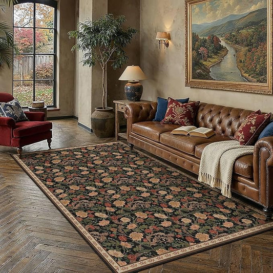 HUGEAR Retro Area Rugs 5x7 Washable Living Room Bedroom Rugs Vintage Floral Throw Carpet Black Brown Stain Resistant Non Slip Low Pile for Home Aesthetic Modern Decor