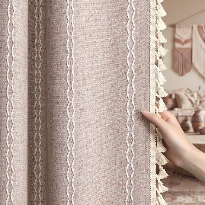 Light Brown Boho Blackout Curtains 2 Panels 84 Inch for Living Room Bedroom, Linen Texture Farmhouse Curtains with Tassels and White Cotton Embroidery Vintage Rustic Country Western