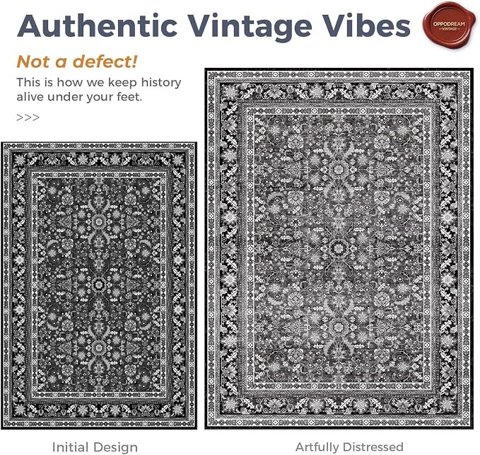 OPPODREAM Vintage Black Area Rugs 10x14, 10 x 14 Retro Washable Rug Non Slip, Low-Pile Faux Wool Carpet, Distressed Floor Mat for Living Room, Bedroom, Office, Dorm, Dinning Room, Big & Large