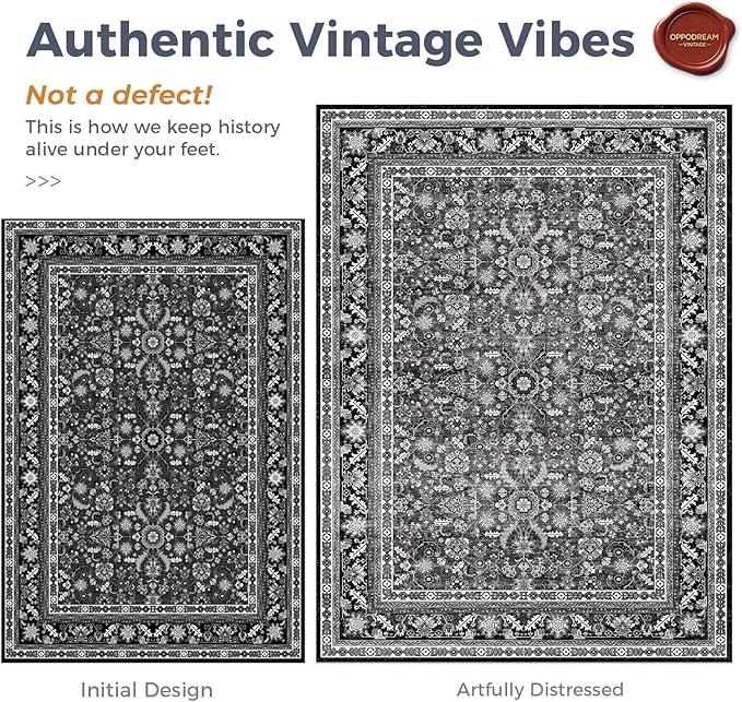 OPPODREAM Vintage Black 3x6 Runner Rug, 3 x 6 Retro Washable Rug Non Slip, Low-Pile Faux Wool Carpet, Distressed Floor Mat for Kitchen, Hallway, Entry-Way, Entrance, Indoor Back Door