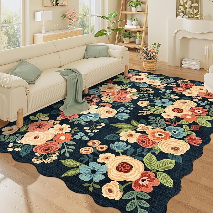 DUKINO 6x9 Area Rug, Floral Washable Rugs for Living Room with Non Slip Backing & Non-Shedding, Lightwight Low Pile Boho Design Large Carpets for Bedroom, Living Room, Dining Room, Navy Blue