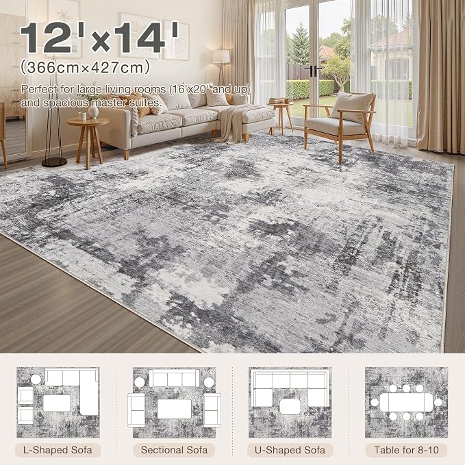 Abstract 12x14 Area Rug: Machine Washable Non Slip Ultra Thin Low-Pile Carpet, Soft Stain Resistant for Living Room Bedroom Office, Kid Pet Friendly, Robot Vacuum Compatible - Grey