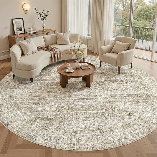 Soalmost 8ft Round Rug Brown/Ivory, Living Room Circle Rug Vintage Round Area Rug Non Slip Indoor Carpet for Apartment