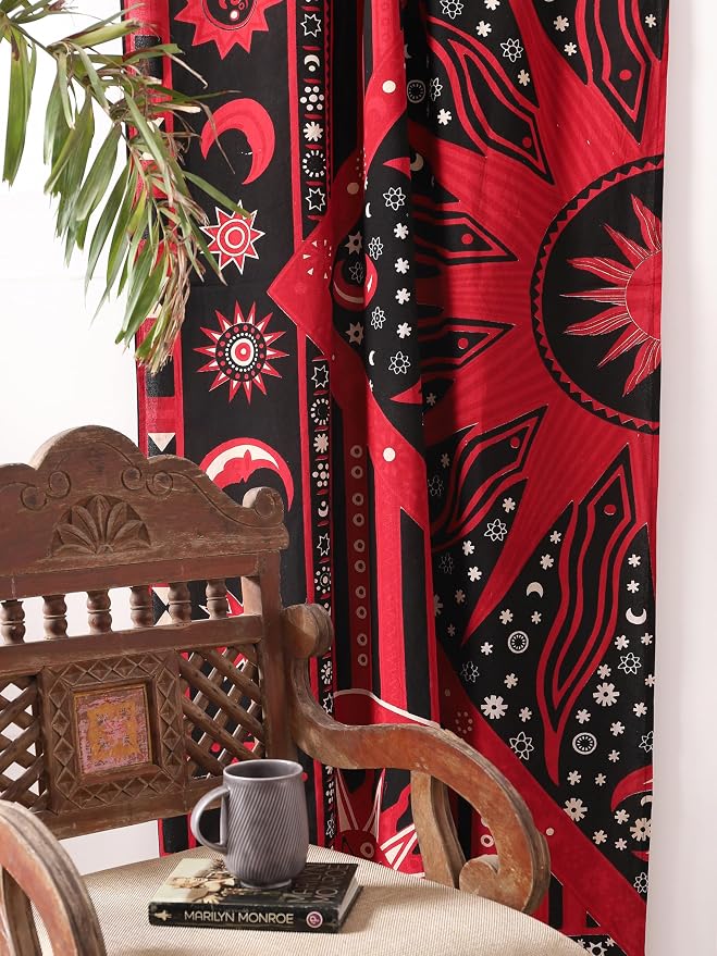 Popular Handicrafts Red Burning Sun Hippie Mandala Curtains 100 Inch Length for Living Room Bedroom 2 Panels Set Light Filtering Semi Sheer Window Curtains 84 Inch Width Boho Farmhouse Drapes W84xL100
