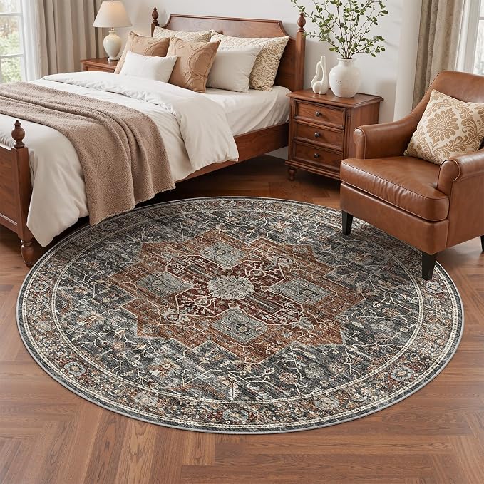 Roxstand Washable 6ft Round Rug - Vintage Non-Slip Circle Rugs for Living Room, Low-Pile Stain Resistant Round Area Rug for Bedroom Dining Room (Grey/Brown/Tan)