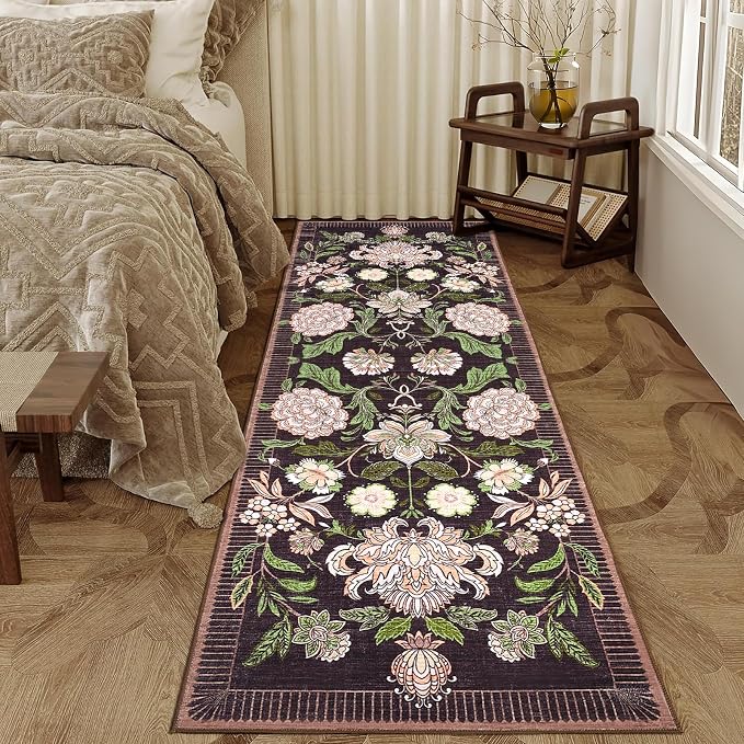 GarveeHome Plum Pink Floral Botanical 2.5x8 Washable Kitchen Runner Rugs Non Slip Black Purple Vintage Boho Cottage Long Rug for Hallways Bedroom Entryway Bathroom Mat with Rubber Back