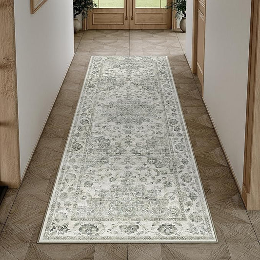 2x6 Washable Neutral Runner Rug Green Vintage Hallway Kitchen Carpet Non-Slip Soft Low Pile Farmhouse Throw Rug for Bedroom Bathroom Laundry Living Room
