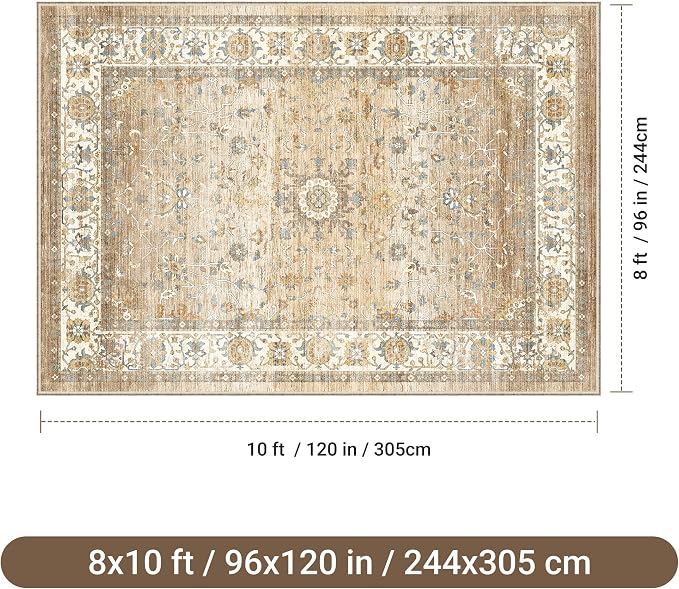 befbee Washable Area Rug 8x10, Large Soft Rugs for Living Room - Stain Resistant Non-Slip Backing Rugs for Bedroom, Vintage Large Area Rug (Turmeric/Grey,8'x10')