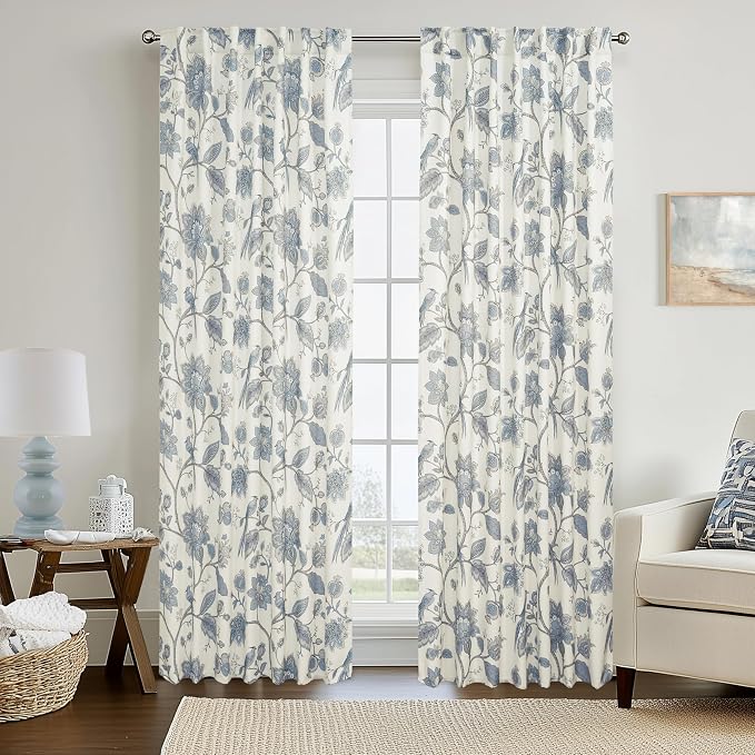 Light Blue and White Curtains,Dusty Sky Blue Grey Floral Toile French Country 70% Blackout Grandmillennial Grand Millenial Beachy Coastal Curtains for Bedroom Living Room 84 Inch Length 2 Panels Set