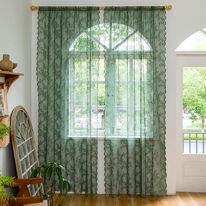 Sutuo Home Olive Green Lace Curtains 2 Panels Set for Bedroom Living Room 108 Inches Long, Sheer Privacy Light Filter Vintage Floral Embroidery Window Treatment Pair Decor, Rod Pocket, W57 x L108