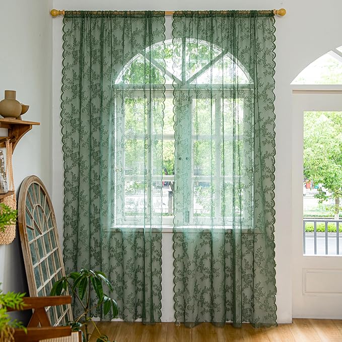 Sutuo Home Lace Curtains 72 Inches Long 2 Panels Set for Bedroom Living Room, Sheer Floral Embroidery Country Farmhouse Window Treatment Pair Christmas Decor, Rod Pocket, W57 x L72,Olive Green