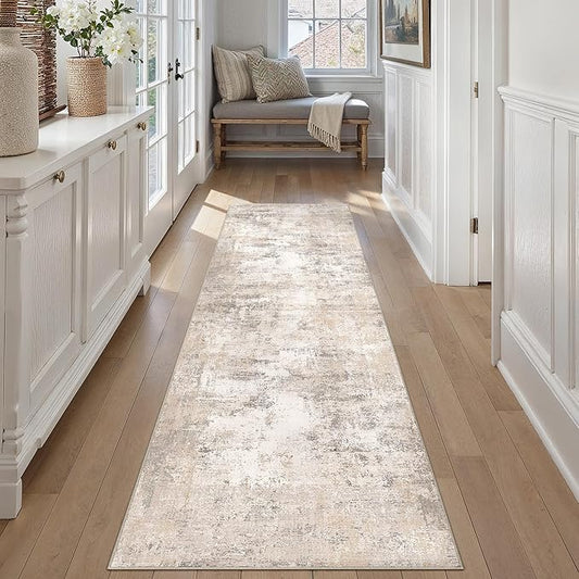 2x8 Washable Runner Rug Beige Grey Abstract Non Slip Soft Low Pile Hallway Kitchen Rug Neutral Modern Carpet for Laundry Bathroom Bedroom Living Room Home Decor