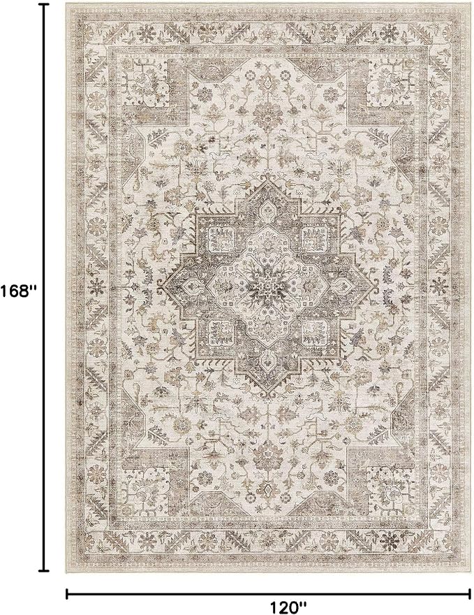 Vintage Living Room Area Rug 10x14 - Large Soft Washable Oriental Traditional Distressed Farmhouse Rugs for Bedroom - Indoor Floor Accent Carpet for Home Office House Decor - Light Brown