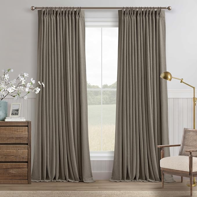 Dark Taupe Linen Blackout Pleated 108 Inch Curtains for Living Room Darkening Pinch Pleat 100% Black Out Drapes Thermal Insulated Soundproof Brownish Gray 108 Inch Curtain for Dining Bedroom 40x108