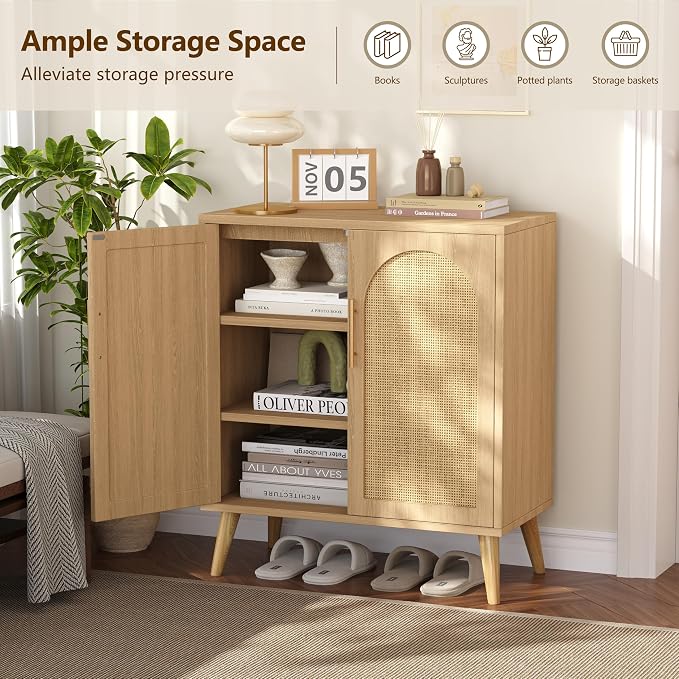 Set of 2 Rattan Buffet Cabinet with Storage, 59 Inch Sideboard with Adjustable Shelf and Solid Wood Legs, Floor Storage Cabinet with 4 Doors, Coffee Bar for Kitchen, Living Room, Hallway, Natural