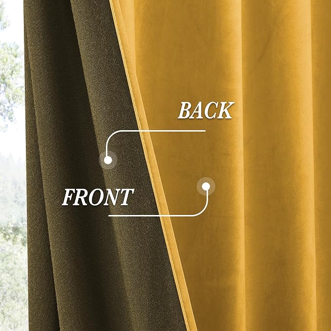RYB HOME Mustard Yellow Velvet Curtains 72 inches Long 2 Panels Set, Room Darkening Thermal Insulated Velvet Drapes with Hook Belt for Nursery Living Room Office, 52" W x L72 L