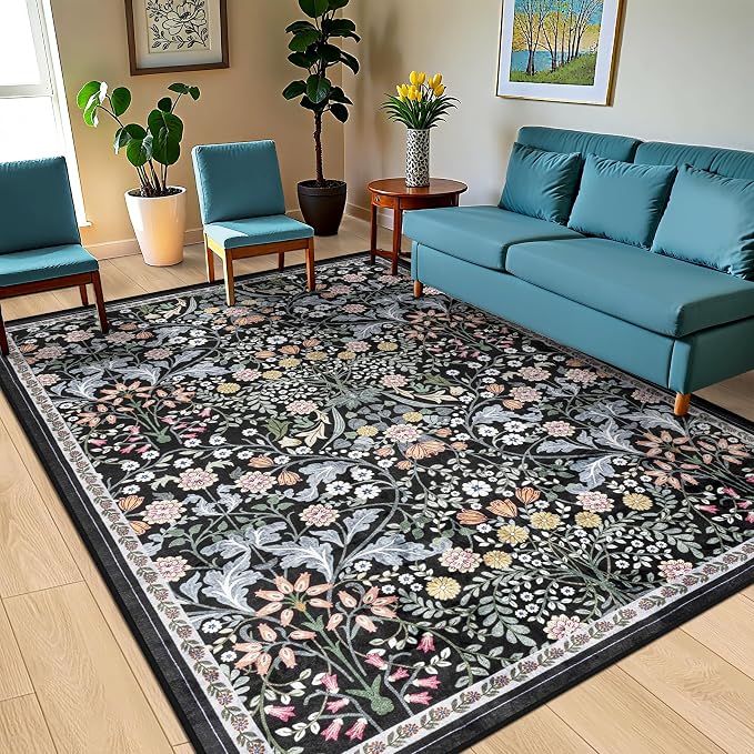 10x12 Area Rugs for Living Room: Floral Washable Rug Vintage Large Soft Boho Non-Slip Carpet Indoor Stain Resistant Low Pile Carpets for Bedroom Dining Room Farmhouse Nursery Home Office Dark Black