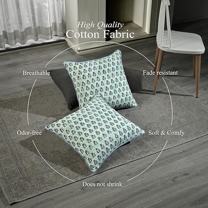 CPC 100% Cotton Throw Pillow Covers 18x18 Inch, Set of 2 Blue Block Print Pattern Couch Pillow, Cute Boho Decorative Pillows for Living Room, Bedroom with Hidden Zipper- Poppy Blue