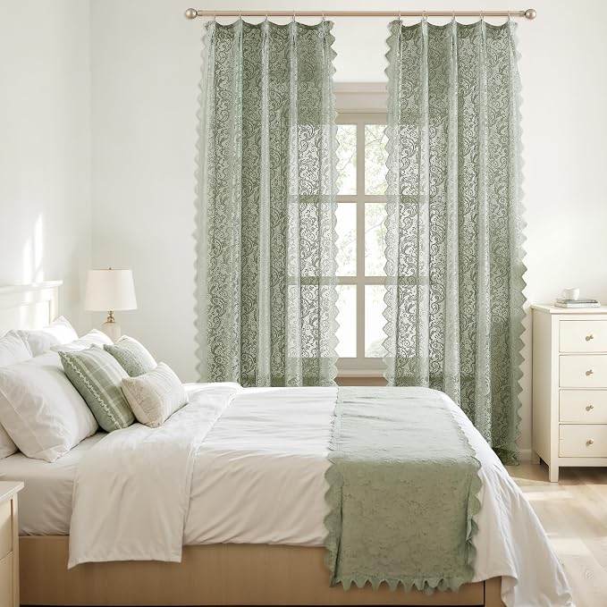 Bujasso Sage Green Lace Pinch Pleat Curtains 90 inch,Vintage Floral Sheer Drapes with Hooks & Rings,Baroque Damask Scalloped Edge Light Filtering Window Panels for Bedroom Living Room, 40" Wx90 Lx2